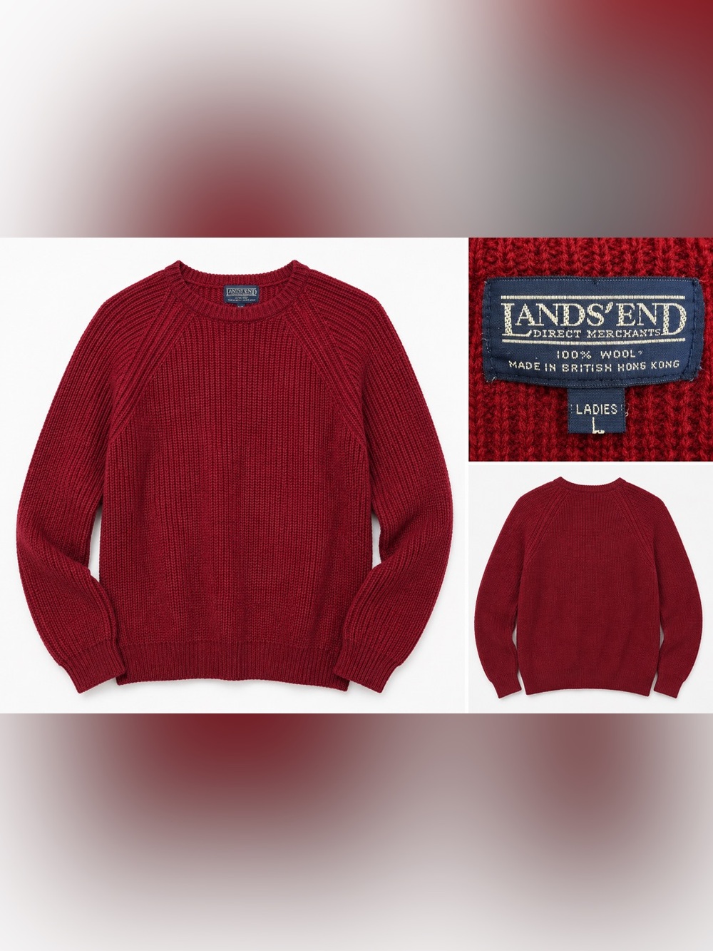 Lands End Size L Fishermans Sweater Red Wool womens Heavy Knit Vintage Lands'